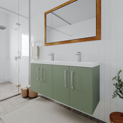 Nuie Arno Satin Green 1200mm Wall Hung 4 Door Vanity Unit and Double Polymarble Basins - ARN823C