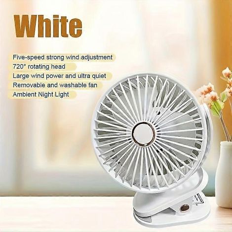 Ventilador de escritorio portátil con clip, recargable por USB, 5 velocidades con cabezal giratorio de 720°, cubierta extraíble y lavable y luz nocturna, flujo de aire potente y ultra silencioso para (1/5)