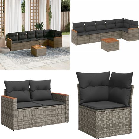 Salon de jardin avec coussins 7 pcs gris résine tressée - Ensemble Salon De Jardin - Mobilier De Jardin - Canapé Extérieur - Set De Salon - Chaise Longue - Home & Living