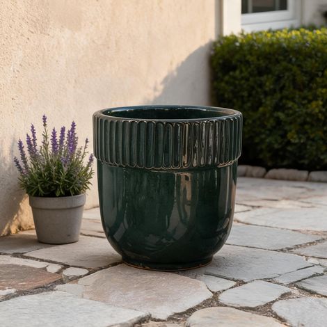 Pot de fleurs en céramique émaillée vert foncé Ø 23 cm avec bord (1/5)