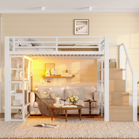 MEUBLIV Letto a soppalco 140x200 cm bianco – LED e contenitore, senza materasso (1/5)
