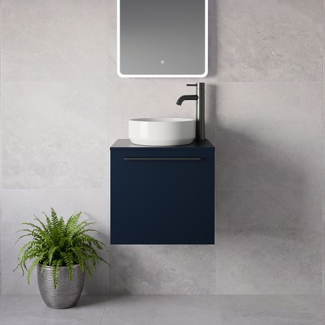 Napoli 390 Deep Blue 500mm Wall Mounted Single Drawer Vanity Unit for Countertop Basins - 500mm - Gunmetal Grey 320mm Handle