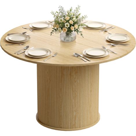 Table à manger ronde Ø120 cm pour 5 personnes, table de cuisine en bois naturel avec base cylindrique cannelée (1/5)