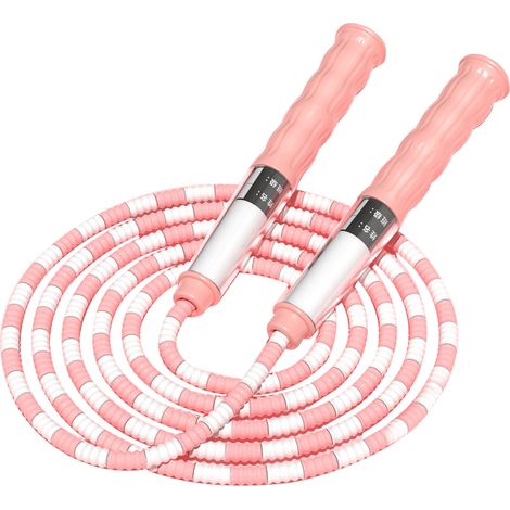 Corde à sauter ajustable avec étiquette nominative, poignées antidérapantes à revêtement doux motif tube enroulé pour enfants, fitness et exercice, rose (1/5)