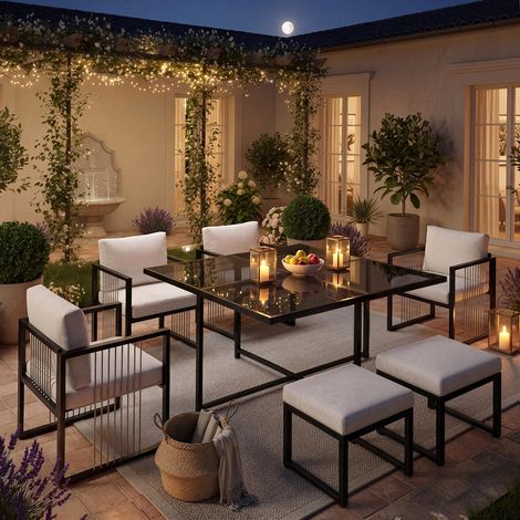 Elegantes 7-teiliges Gartentisch-und-Stuhl-Set für 6 Personen – Outdoor-Essgruppe mit quadratischem Tisch aus schwarzem Sicherheitsglas, 4 Sesseln aus geflochtener Kordel und 2 Hockern
