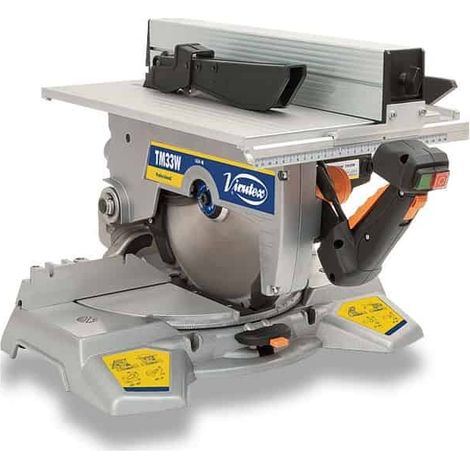 Virutex – Scie à onglet à table 1500W Ø 300 – Lame carbure 48 dents pour bois – Tête inclinable et orientable – Base tournante indexée