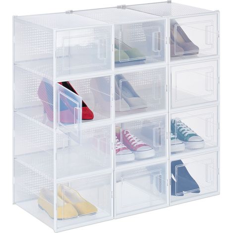 Relaxdays boîtes à chaussures, lot de 12,  avec porte, empilables, pointure jusqu'à 47, casier de rangement, transparent (1/5)