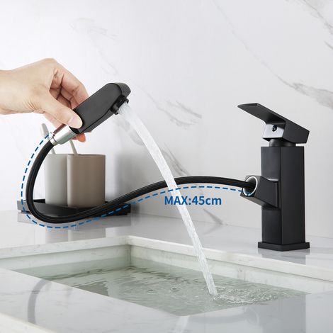 Grifo de lavabo negroZOLGINAH con ducha de mano, grifo mezclador de lavabo extraíble para baño, grifo monomando (1/2)