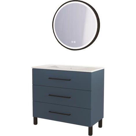 ONDEE ZEN - Meuble à poser MONACO - Dim 90cm - Bleu Minéral - Mir ALEXINE - Poignées noires