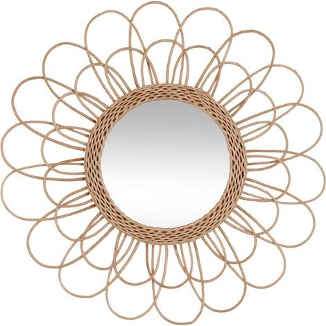 Runder Dekospiegel – 1 Stück – Geflochtenes Rattan und Weide – Natürliches Blumendesign – Für Wohnzimmer oder Eingangsbereich – Durchmesser 56 cm (1/3)