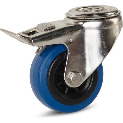 Roulette pivotante freinée - MESO - Caoutchouc élastique inox - Trou central - 80mm - 80kg (1/2)
