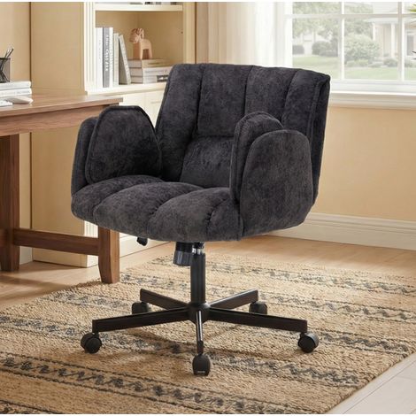 Sedia da ufficio in tessuto nero, supporto lombare ad aria regolabile, braccioli pieghevoli verso l'esterno, girevole 360°, 60×68×86 cm (1/5)