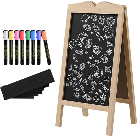 Tableau noir double chevalet avec cadre en bois pliable, 8 craies liquides et 6 pochoirs, 51 x 60 x 101 cm, naturel (1/5)