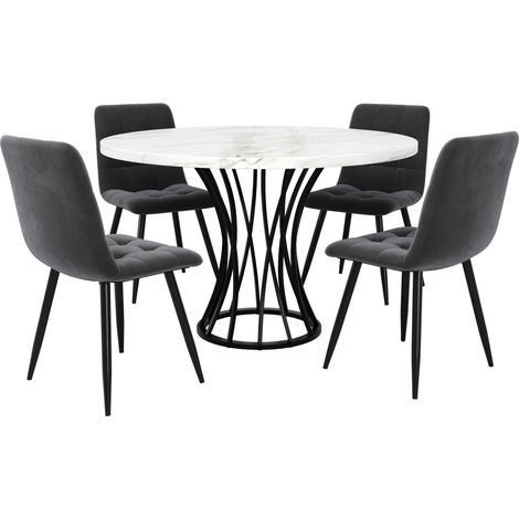 Ensemble table de salle à manger ronde 100 cm avec 4 chaises en velours gris, plateau effet marbre blanc, pieds noirs (1/5)