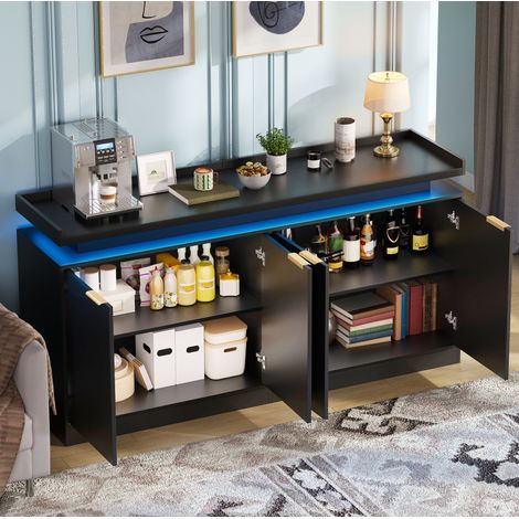 Küchen-Sideboard mit LED-Beleuchtung, 4-türiger Schrank aus schwarzem MDF, 160 x 39 x 83 cm (1/5)