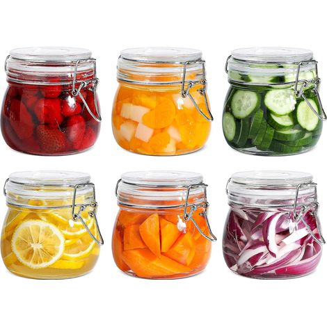 Ensemble de 6 bocaux en verre hermétiques, 500 ml, 17 oz, avec couvercles, transparents, pour l'organisation de la maison dans la cuisine et sur le plan de travail.-AquaForge (1/4)