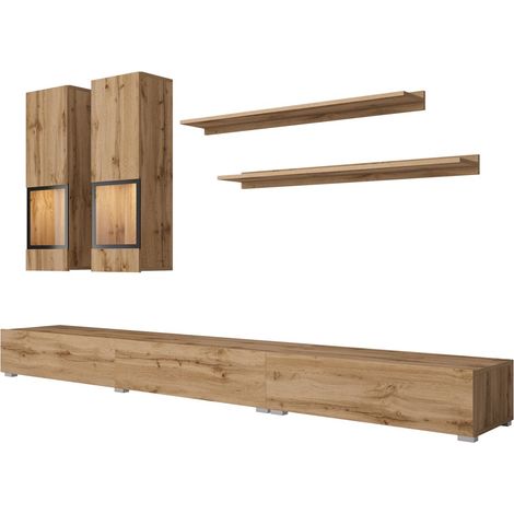 Conjunto de muebles de sala RAMOS – Roble dorado y negro – LED multicolor integrado – Estilo contemporáneo