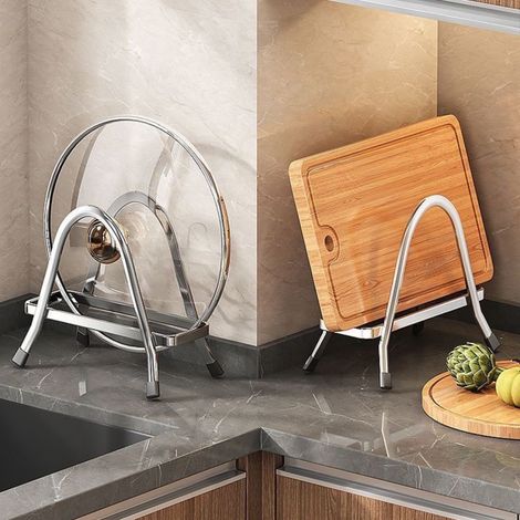 Organisateur de cuisine en acier inoxydable extra-épais : support de rangement multifonction pour plan de travail, pour couvercles de casseroles et planches à découper.