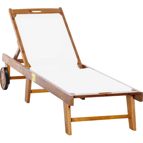 Chaise Longue de Jardin Réglable, Bois d’Acacia, Tissu Naturel et Blanc, 198 x 55 x 30‑88,5 cm