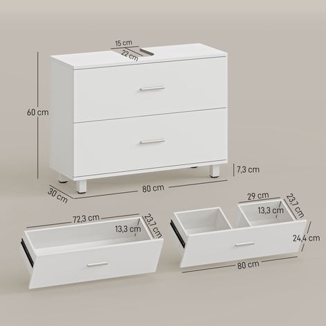 Meuble vasque moderne avec 2 tiroirs, meuble sur pied pour lavabo sans plinthe, blanc (1/5)