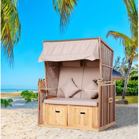 Poltrona da spiaggia da esterno in rattan beige, schienale reclinabile, con poggiapiedi, tavolini pieghevoli e cuscini (1/5)