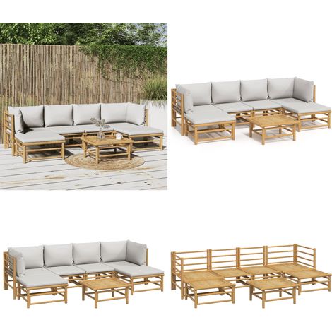 Set de muebles de jardín 7 piezas bambú y cojines gris claro - Muebles de exterior - Sofás de jardín