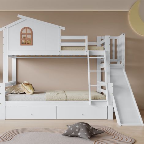 Lit superposé 90/120x200 cm, avec fenêtre et 4 marches inclinées - Lit enfant, avec toboggan et 2 tiroirs, structure en bois massif - Blanc (1/5)