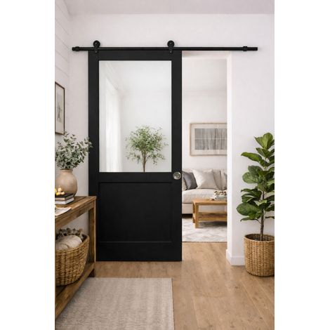 Porta scorrevole nera da officina H204 x L83 senza montante + guida a rulli e 2 gusci