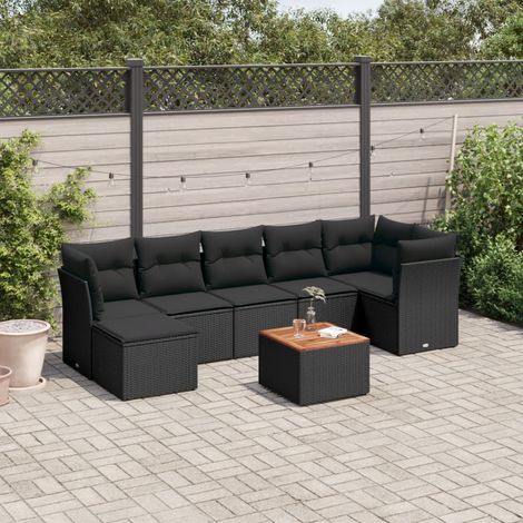 Ensemble Salon Jardin 8 Places Noir Résine Tressée avec Coussins et Table Acacia - Meuble Extérieur Modulaire avec Rangement (1/5)