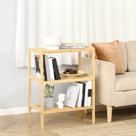 HOMCOM 3-stöckiges Bambus-Bücherregal, modernes, freistehendes Aufbewahrungsregal für Bad, Küche, Wohnzimmer, Schlafzimmer, kippsicher, 62 x 33 x 80 cm, Natur