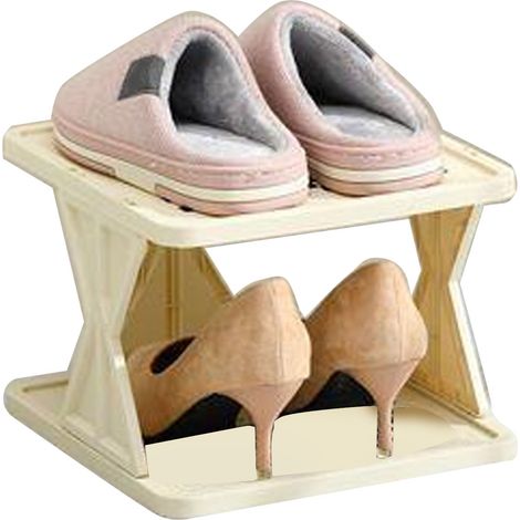 Étagère à chaussures simple à 2 niveaux, peu encombrante et stable, en plastique, idéale pour l'entrée, le couloir, le bureau, l'hôtel ou un appartement.