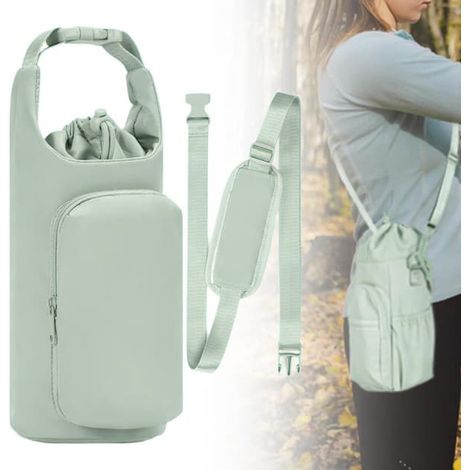 Porte-bouteille isotherme avec sangle réglable et poche pour téléphone, idéal pour le camping et la randonnée (30 x 12 x 10 cm, vert). (1/5)