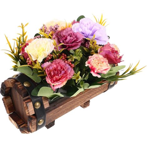 Pot de Fleurs en Bois de Tonneau avec Œillets Artificiels, Décor Rétro pour Balcon et Maison, Stabilité Assurée avec Supports, Intérieur Spacieux Couleur Aléatoire (1/5)