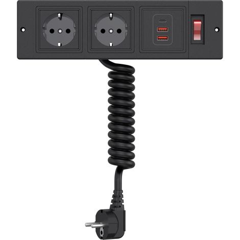 Prise encastrable avec câble à ressort – 2 prises, 3 ports USB, interrupteur marche/arrêt, multiprise escamotable, pour meubles, bureau, cuisine, noir (1/5)
