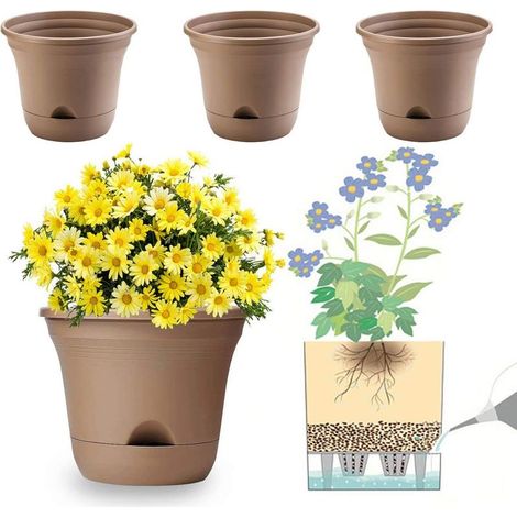 Maceta autorriego de 20 cm, maceta de larga duración para almacenamiento de agua, depósito profundo, maceta de interior para decoración del hogar - Marrón, juego de 4 (1/5)