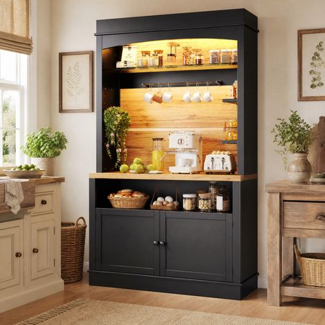 Mobile alto da cucina nero 107 x 43 x 184 cm con LED e spazio contenitivo (1/5)