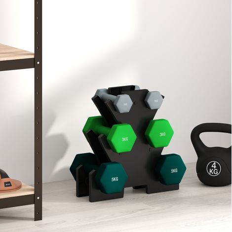 Set di 6 manubri con supporto, 2 x 1 kg, 2 x 3 kg, 2 x 5 kg, in metallo (1/5)