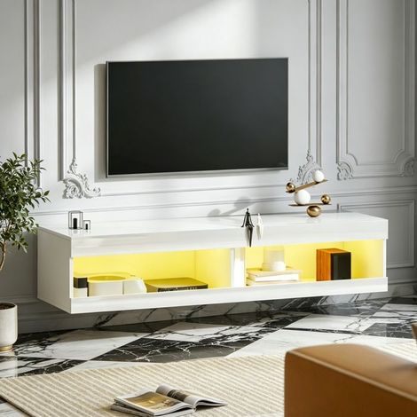 Meuble TV suspendu - 140 cm - Blanc laqué - LED RGB 16 couleurs - 2 niches ouvertes (1/5)