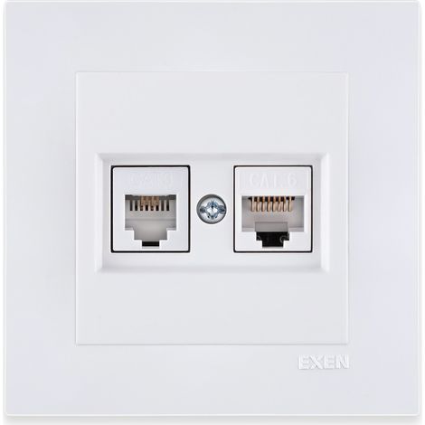 Prise informatique RJ45 catégorie 6 + prise téléphonique blanc – ensemble complet avec plaque – 256/01E EXEN (1/3)