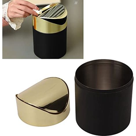 Mini papelera de acero inoxidable para encimera con tapa giratoria dorada para escritorio y tocador.