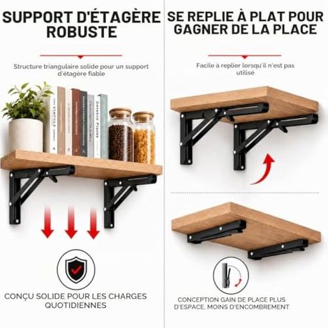 60cm équerre Pliante étagère en Acier Inoxydable Noir, 2 Pièces Support Tablette Rabattable Charge Lourde Max 100kg, Console Pliable pour Table Murale, établi, Gain de Place (1/3)