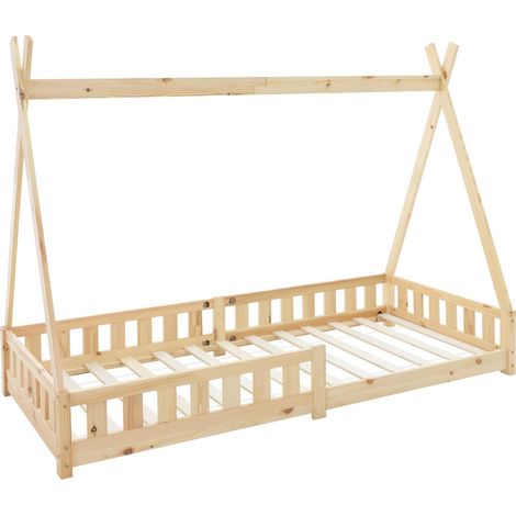 ML-Design Letto a Terra per Bambini Design Tipi 90 x 200 cm Naturale, Struttura in Legno di Pino Massiccio, con Sponde Protezione Anticaduta, Lettino Tenda Indiana, Giroletto Montessori per Cameretta (1/5)