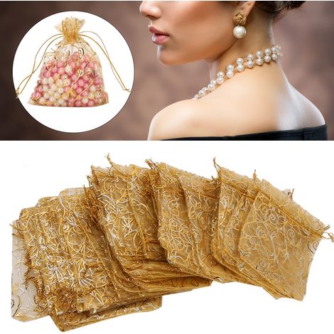 100 pièces Pochettes en Organza 9x12cm avec Cordon pour Bijoux, Cadeaux, Mariage (Doré) (1/5)