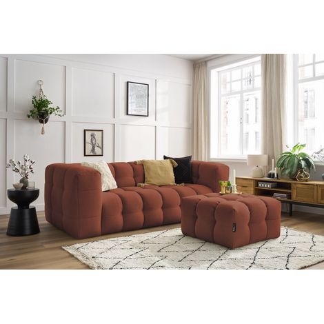 BOBOCHIC - Canapé droit convertible ouverture express 3 places CLOUD tissu lisse avec pouf Orange