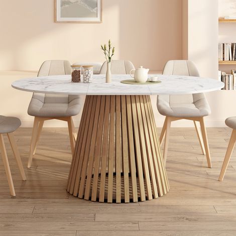 CARMEN mesa de comedor redonda extensible para 4-8 personas con patas de listones de madera y tapa de mármol blanco ALASKA 110 -