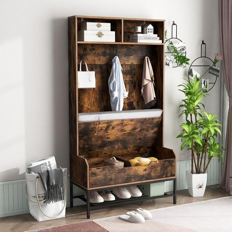 Goplus – Porte manteau 170 cm avec banc à chaussures – 4 en 1 avec coussin amovible – Compartiments ouverts et crochets – Kits anti-basculement pour entrée - ROBE 4 EN (1/5)