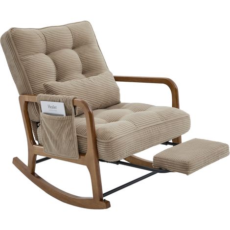 Sillón mecedora moderno con reposapiés de terciopelo acanalado color caqui (1/5)