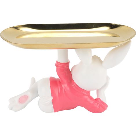Plateau en forme de lapin, mignon petit, en résine, avec une petite statuette de lapin. Plateau à bijoux avec plateau rectangulaire en acier inoxydable pour présentation et rangement, rouge. (1/5)