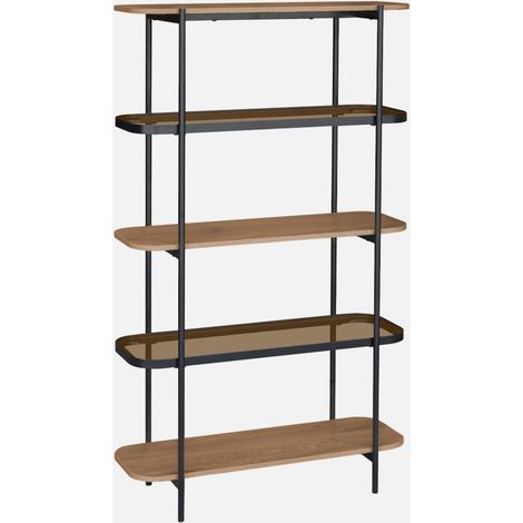 Libreria in vetro, legno e metallo a 5 livelli