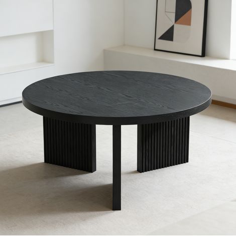 Mesa baja redonda de 80 cm en MDF negro, diseño acanalado, ahorro de espacio OKMYHOME (1/5)